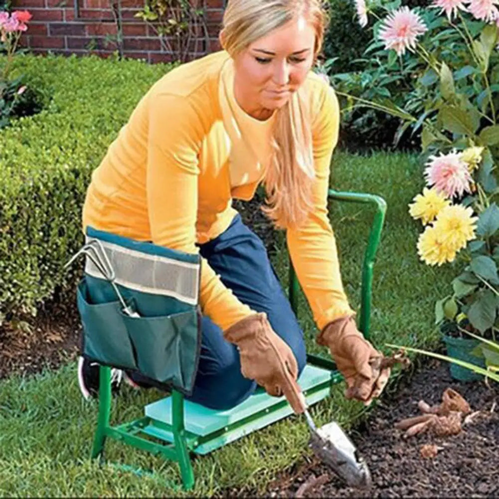 Woman Using Kneeler for Gardening